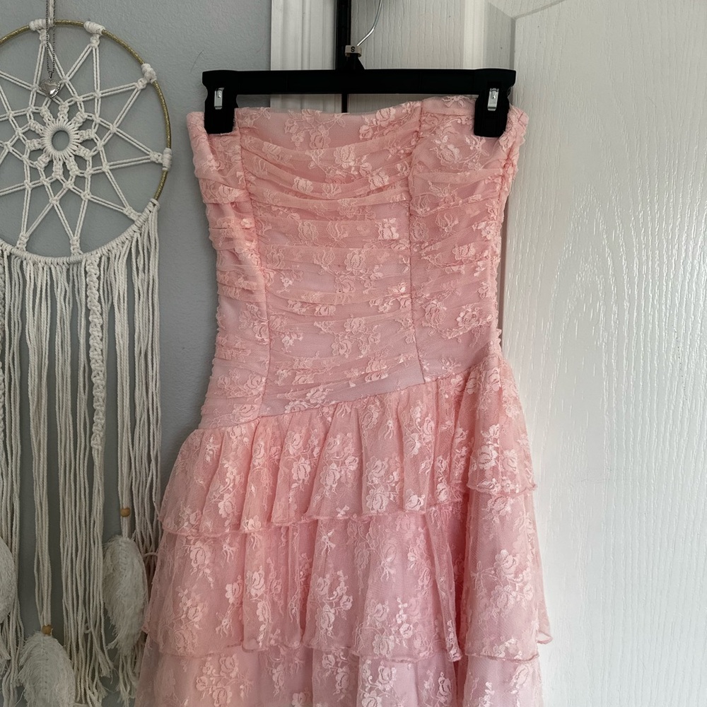Strapless Pink Lace Tiered Dress